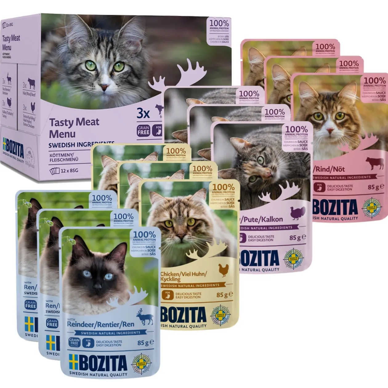 BOZITA Nourriture humide chat Adult bouchée en sauce à la viande Multibox 12 x 85 g