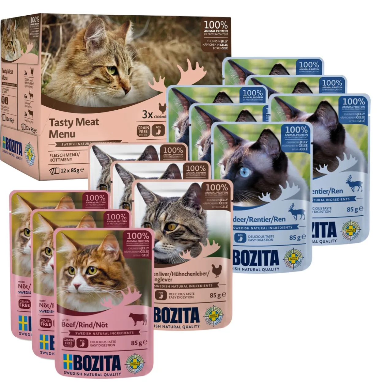 BOZITA nourriture humide pour chats adultes Menu de viande Multibox 12x85 g