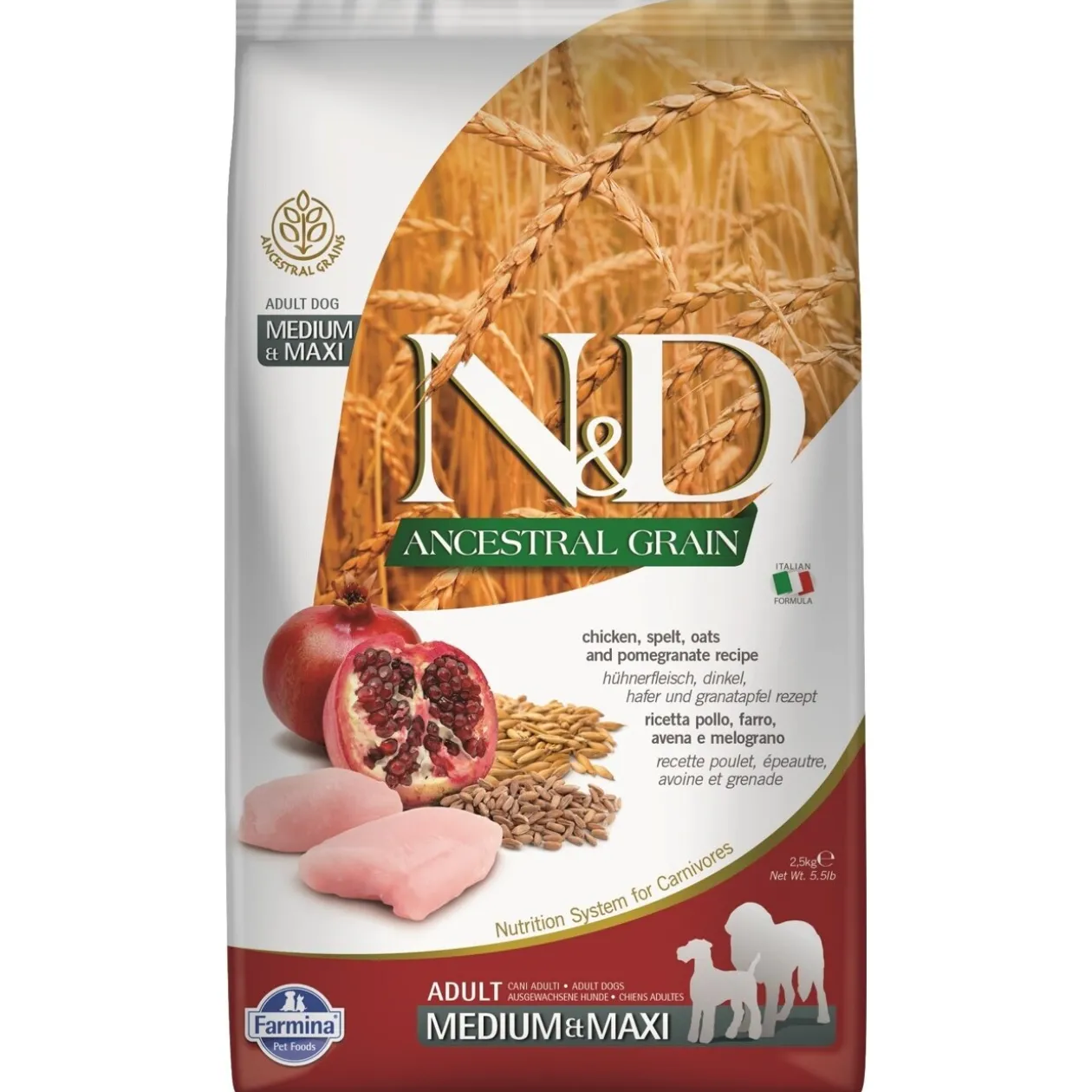 N&D Farmina Ancestral Grain Adult Medium/Maxi Poulet, épeautre et grenade 2,5 kg