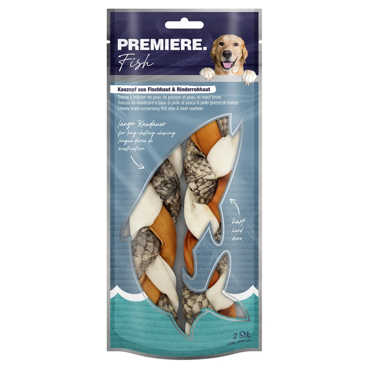 PREMIERE Tresse à mâcher en peau de poisson et en peau brute de bœuf 130 g