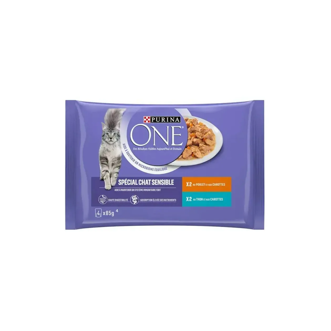 Purina ONE - Sachets pour Chat Sensible au Thon, au Poulet et aux Carottes 4 x 85 g